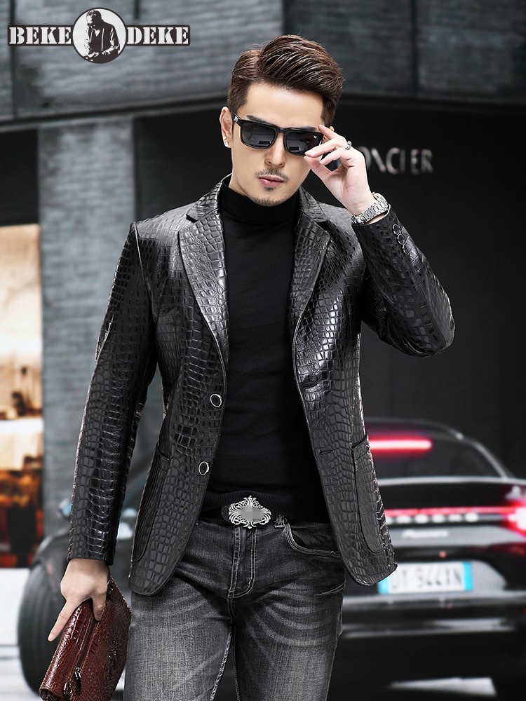 Slim Fit Blazer Men - Jaqueta de Couro Genuíno com Padrão