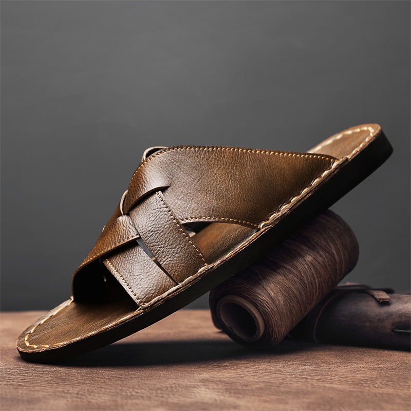 Mens Fashion Zapatos - Chinelos masculinos de couro genuíno, sandálias