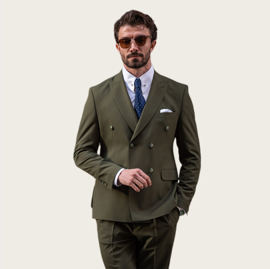 Slim Fit Blazer Men - Terno Masculino Verde Oliva com Lapela